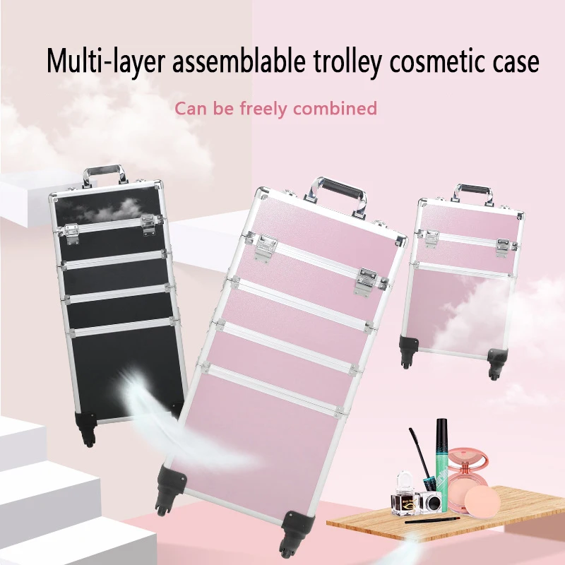

New Women Trolley Cosmetic Bags on Wheel,Nails Makeup Toolbox,Detachable Foldable Beauty Suitcase Travel bag vs Rolling Luggage