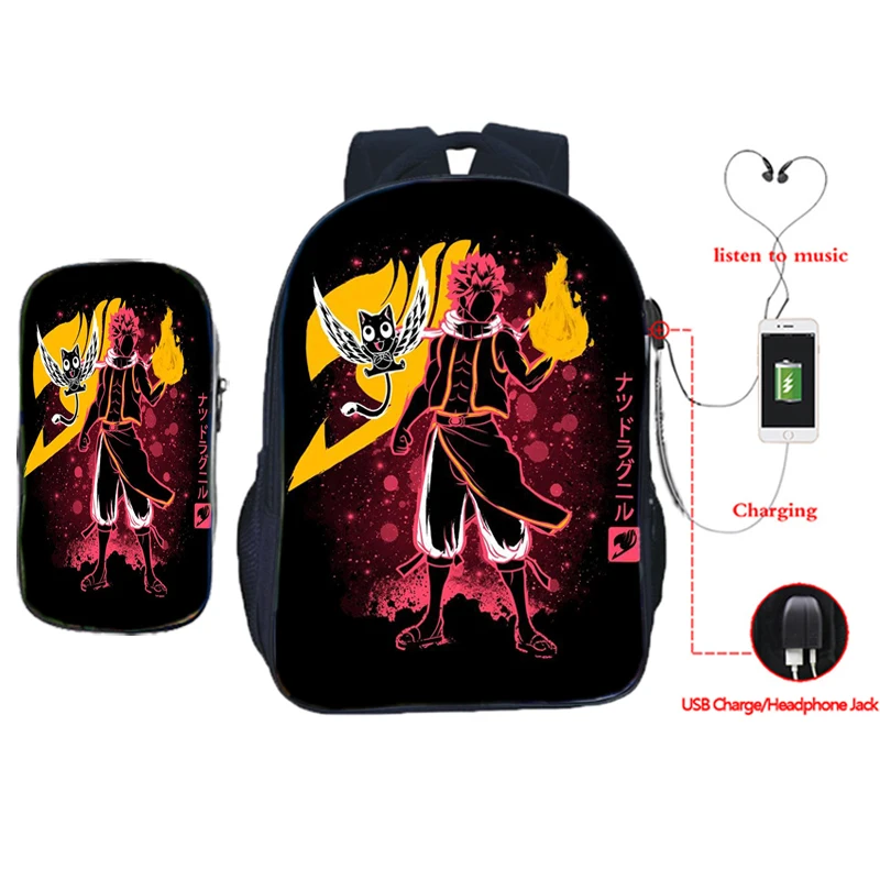 

Модный рюкзак с USB-разъемом для мальчиков и девочек Natsu, школьная сумка для студентов, рюкзак для книг с сердечком, рюкзак для подростков (ком...