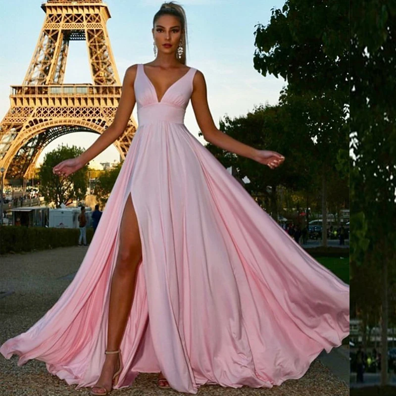 

Pink Long Prom Dress Party Wedding Guest V-neck Evening Gown Vestidos De Gala Jurken Front Slit Elegant Sexy Evening Dress 2019