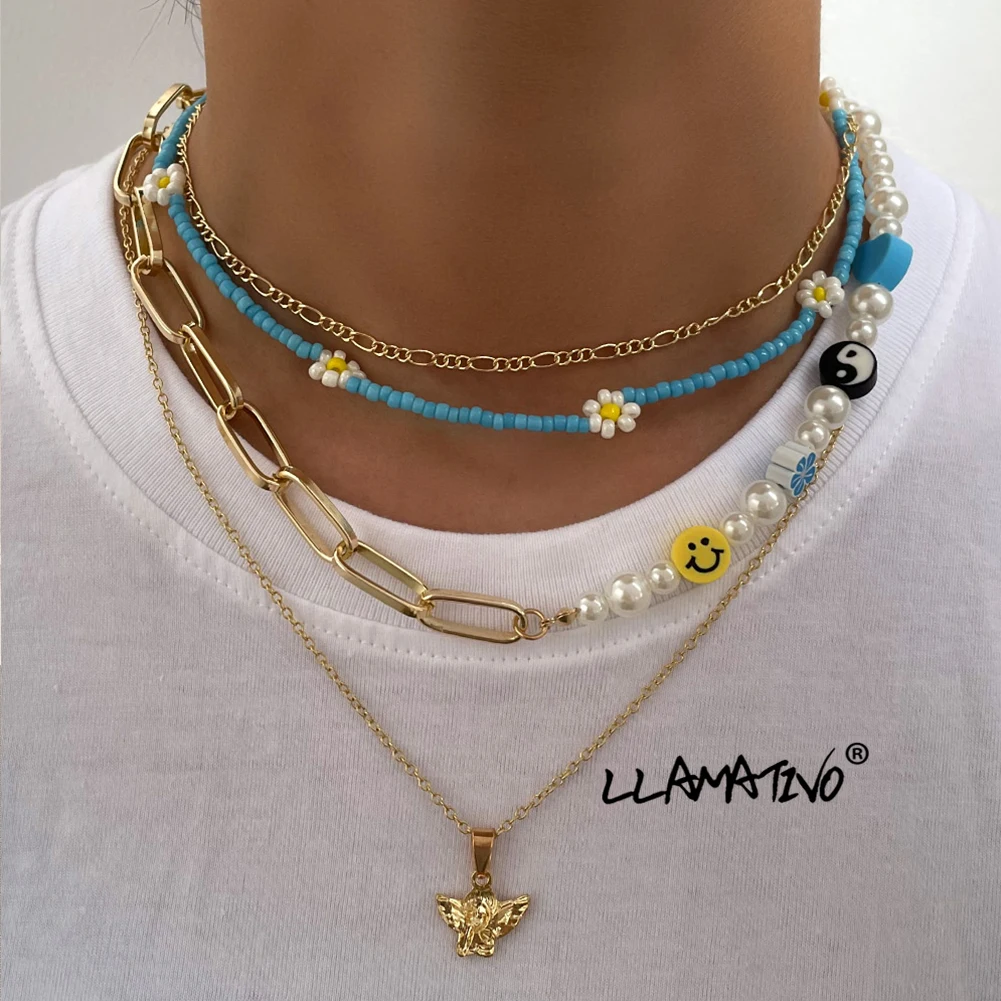 Fashion Multi-layer Smiley Pearl Blue Daisy Seed Beads Strand Necklace for Women Golden Metal Angel Choker Necklace Boho Jewelry
Fashion Multi-layer Smiley Pearl Blue Daisy Seed Beads Strand Necklace for Women Golden Metal Angel Choker Necklace Boho Jewelry