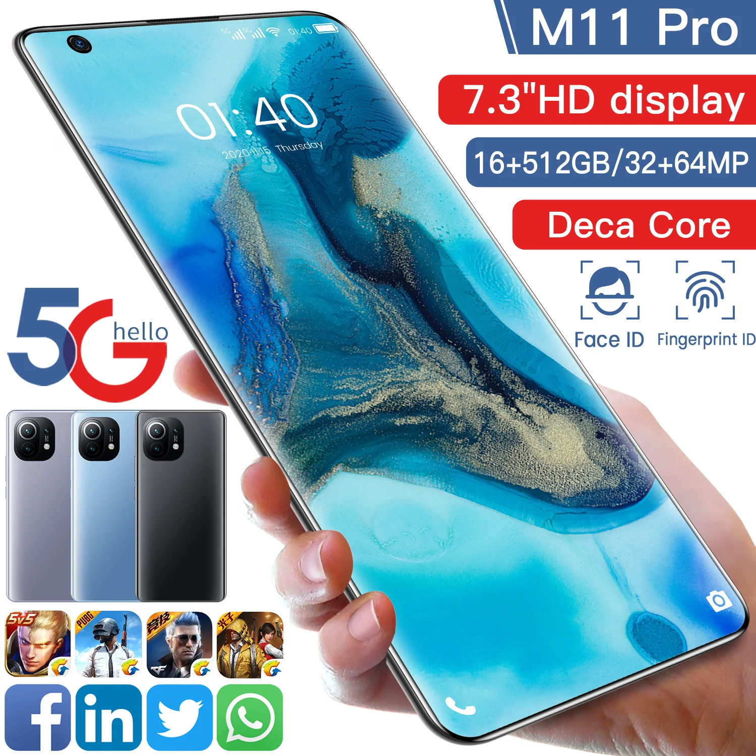 New Version 7.3" M11 Pro Cellphone 4G 5G LTE 16+512GB 6800mAh 32MP+64MP MTK6889 10 Core Android 11.0 Global Version Smartphones
New Version 7.3" M11 Pro Cellphone 4G 5G LTE 16+512GB 6800mAh 32MP+64MP MTK6889 10 Core Android 11.0 Global Version Smartphones