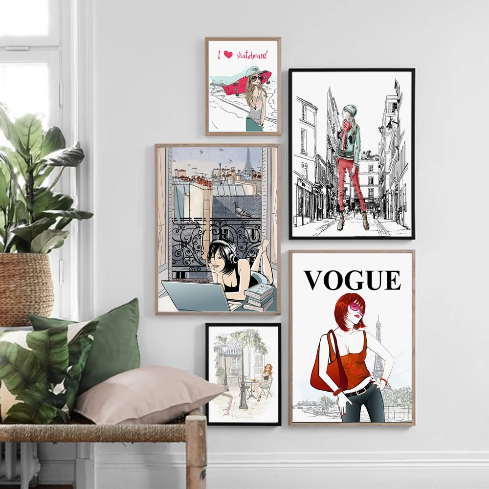 Мультфильм Vogue Девушка город Париж башня улица стены Искусство Холст Живопись
