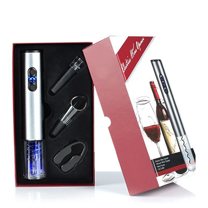 Norbi Electric Automatic Wine Opener Set With Stopper Wine Pouring Knife Silver-Gray Party Bar Wine Opener 4-Piece Set
Norbi Electric Automatic Wine Opener Set With Stopper Wine Pouring Knife Silver-Gray Party Bar Wine Opener 4-Piece Set