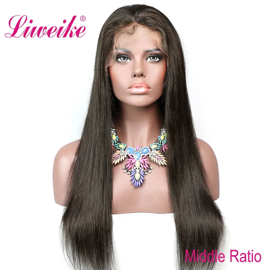 Liweike прямые 13*4 парик на кружеве бразильские шелковистые Remy человеческие волосы 1B