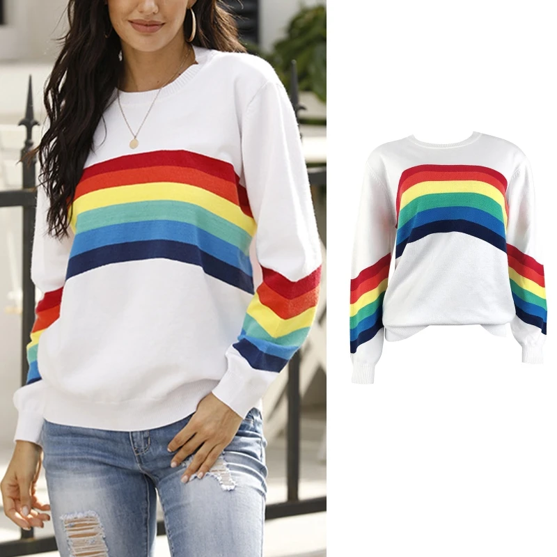 Women Autumn Long Sleeve Crew Neck Sweater Rainbow Striped Patchwork Knitwear Tops Casual Loose Pullover Jumper Sweatshirt
Women Autumn Long Sleeve Crew Neck Sweater Rainbow Striped Patchwork Knitwear Tops Casual Loose Pullover Jumper Sweatshirt