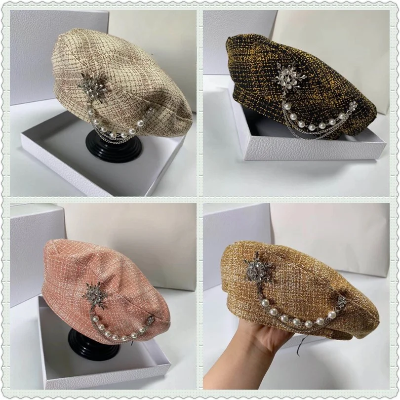 Luxury Diamond Decoration Beret Hat for Women French Designer Baret Cap with Pearls Embellishment Plaid Painter Octagonal Hats
Luxury Diamond Decoration Beret Hat for Women French Designer Baret Cap with Pearls Embellishment Plaid Painter Octagonal Hats