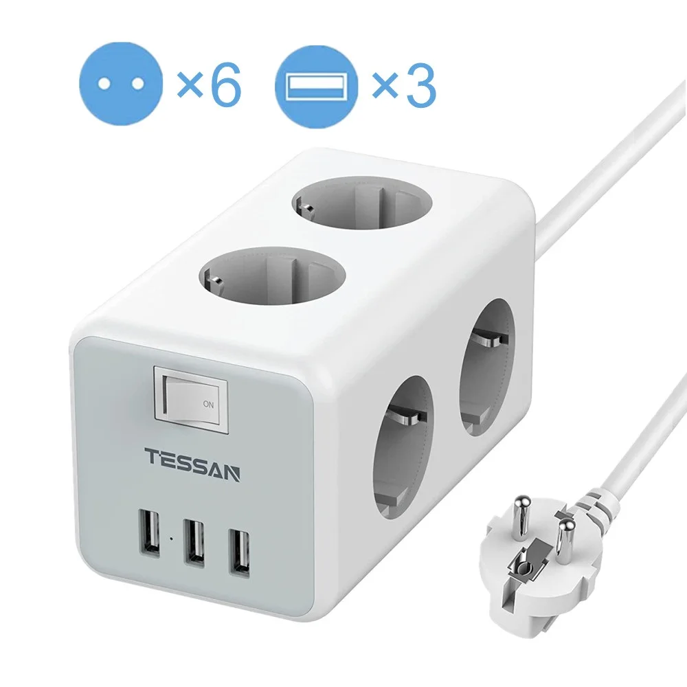 TESSAN EU Multiple Socket Power Strip With 6 Way Outlets 3 USB Ports On/Off Switch Overload Protection 2M Socket Extension Cable
TESSAN EU Multiple Socket Power Strip With 6 Way Outlets 3 USB Ports On/Off Switch Overload Protection 2M Socket Extension Cable