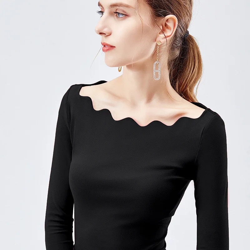 French shoulder top women's autumn women's wear wave inside with long sleeve sexy big neckline exposed collarbone T-shirt
French shoulder top women's autumn women's wear wave inside with long sleeve sexy big neckline exposed collarbone T-shirt