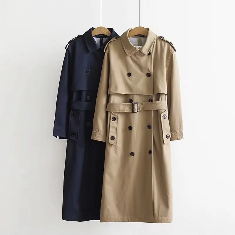 

Women Khaki Long Trench Coat with Sashes Buttons 2020 Autumn Winter Office Ladies Turndown Neck Loose Outwear Double Breasted