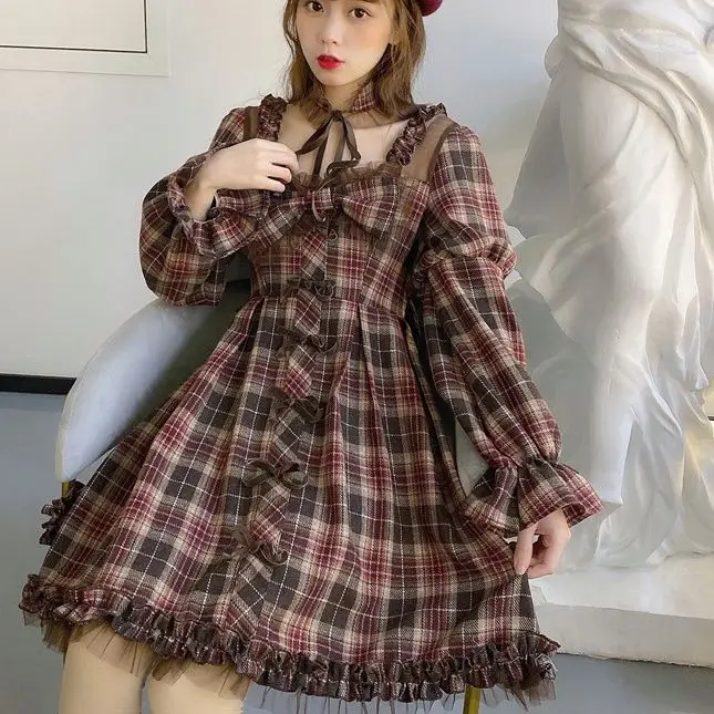 2021 Spring Gothic Retro Lattice Lolita Dress Fairy Tale Female Princess Dress Lotus Leaf Sleeve Kawaii Bow-Knot Sweet Dresses
2021 Spring Gothic Retro Lattice Lolita Dress Fairy Tale Female Princess Dress Lotus Leaf Sleeve Kawaii Bow-Knot Sweet Dresses