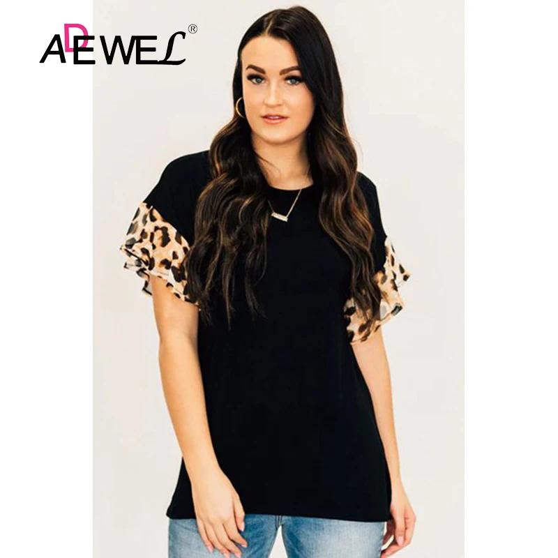 ADEWEL Summer Black Leopard Ruffle Sleeve Top Plus Size Round Neck Solid Color Women T Shirt Ropa De Mujer Verano Kawaii Clothes
ADEWEL Summer Black Leopard Ruffle Sleeve Top Plus Size Round Neck Solid Color Women T Shirt Ropa De Mujer Verano Kawaii Clothes