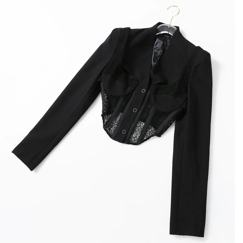 2021 Spring Hollow Out Streetwear Women Casual Black New Short Blazers Long Sleeve Design Chic Patchwork Simple Fatos De Mulher
2021 Spring Hollow Out Streetwear Women Casual Black New Short Blazers Long Sleeve Design Chic Patchwork Simple Fatos De Mulher