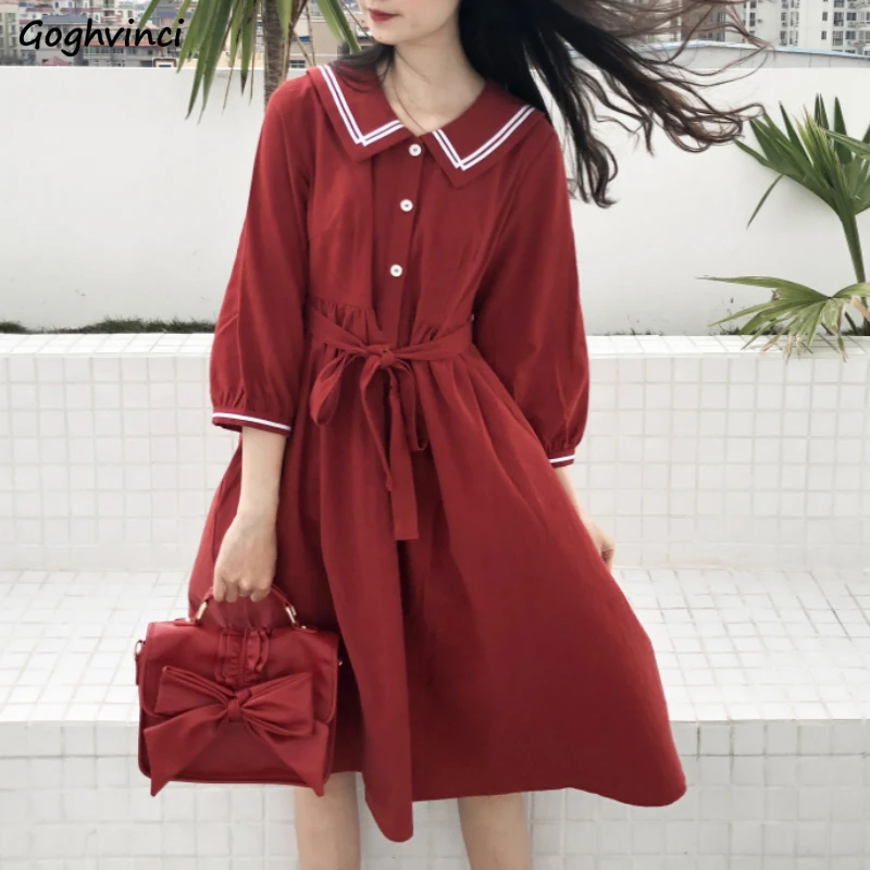 Dress Women Short Sleeve Colorful Sashes Sailor Collar Button Leisure Chic Preppy Style Sweet Elegant Girls Lace Up Vestidos Ins
Dress Women Short Sleeve Colorful Sashes Sailor Collar Button Leisure Chic Preppy Style Sweet Elegant Girls Lace Up Vestidos Ins