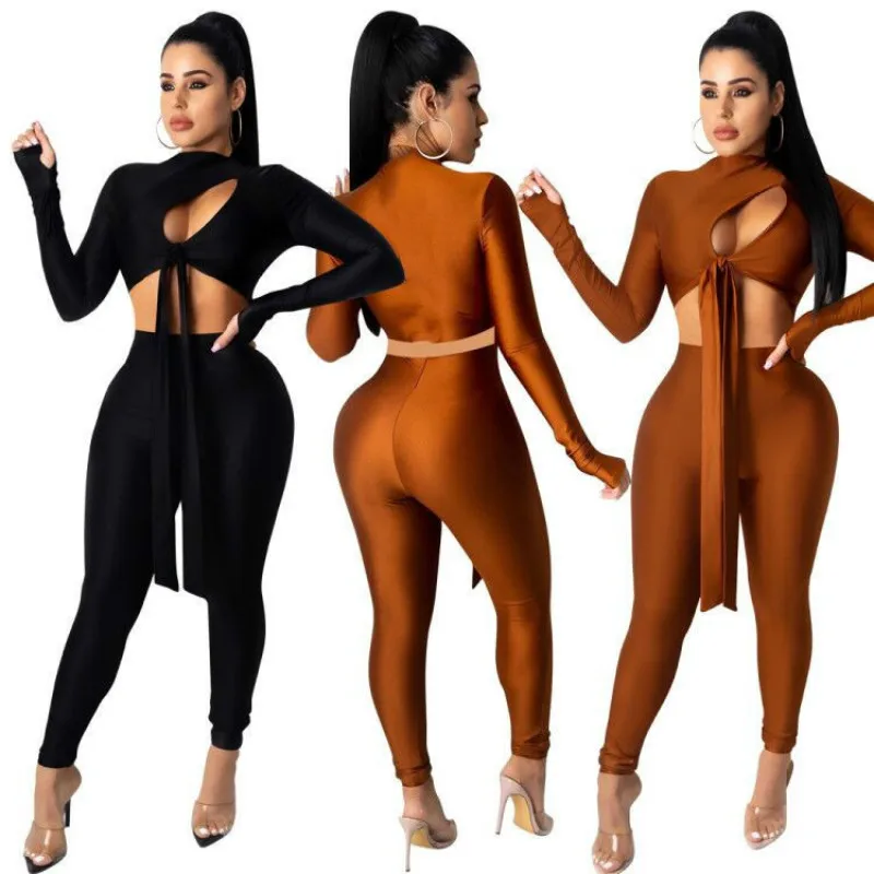 Solid Color Hollow Out Long Sleeve Sexy Crop Tops Pencil Trousers Women Suits Autumn Simple Style Two Piece Set
Solid Color Hollow Out Long Sleeve Sexy Crop Tops Pencil Trousers Women Suits Autumn Simple Style Two Piece Set