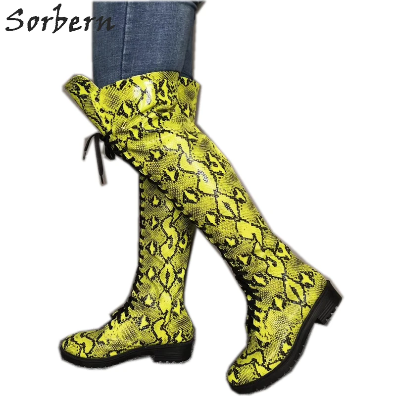 Sorbern Yellow Python Knee High Flat Heel Women Boots Round Toe Lace Up Custom Wide Calf Fit Vegan Shoes Designer Spanish Boots 
Sorbern Yellow Python Knee High Flat Heel Women Boots Round Toe Lace Up Custom Wide Calf Fit Vegan Shoes Designer Spanish Boots