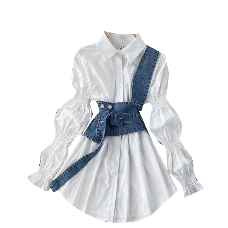 Women Blouse Sets Puff Sleeve Causal Long Blusas Shirt + Belt Slim Waist Demin Vest 2021 Spring New Korean Outfit
Women Blouse Sets Puff Sleeve Causal Long Blusas Shirt + Belt Slim Waist Demin Vest 2021 Spring New Korean Outfit
