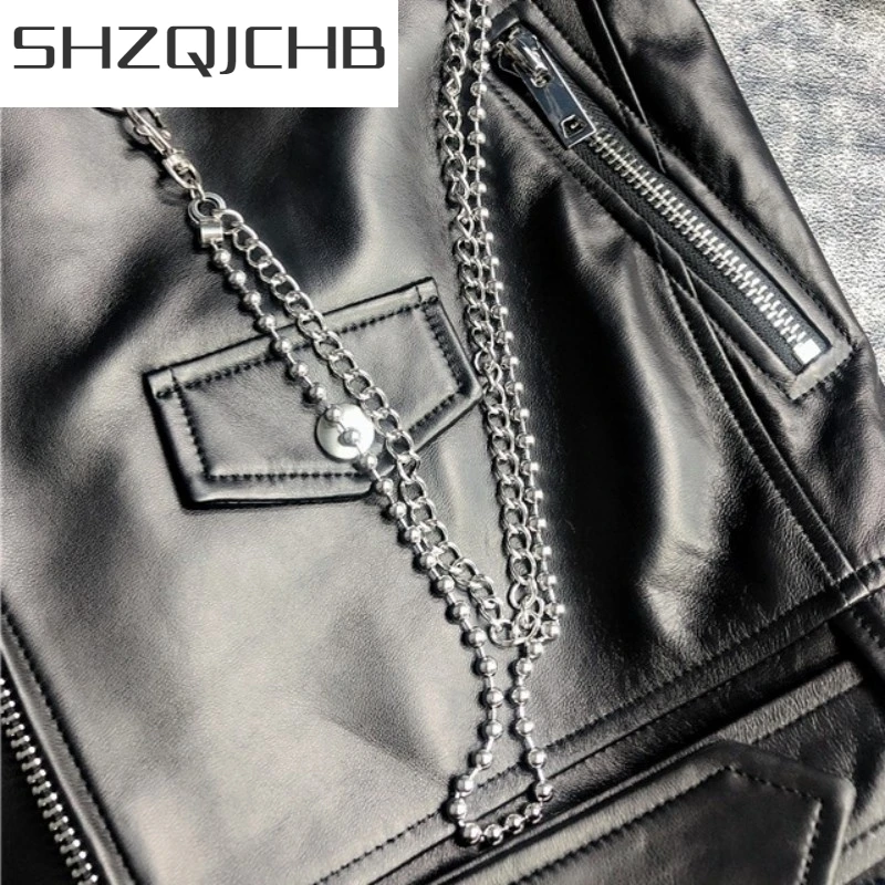 JCHB 2021 Autumn Women Fashion Chains Loose Real Leather Jacket Turn-down Collar Biker Sheepskin Coat Female Streetwear Black Ou
JCHB 2021 Autumn Women Fashion Chains Loose Real Leather Jacket Turn-down Collar Biker Sheepskin Coat Female Streetwear Black Ou