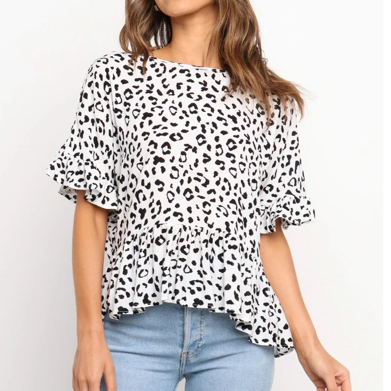 Women T-shirt O-neck Leopard Print Short Sleeve Shirts Tops Ruffles Blouses Flare Half Sleeve Tops Casual Loose ropa mujer
Women T-shirt O-neck Leopard Print Short Sleeve Shirts Tops Ruffles Blouses Flare Half Sleeve Tops Casual Loose ropa mujer