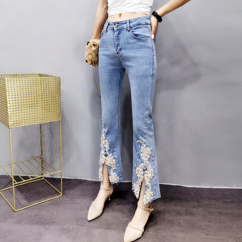 High Waist Split Jeans 2021 Summer New Korean Sweet Beaded Flower Embroidery Slim Flare Pants Women Denim Ankle-Length Trousers
High Waist Split Jeans 2021 Summer New Korean Sweet Beaded Flower Embroidery Slim Flare Pants Women Denim Ankle-Length Trousers
