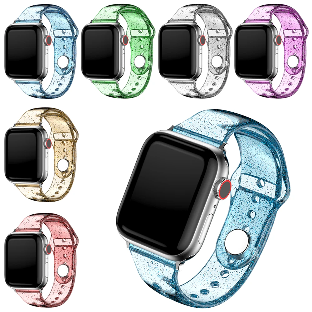 Прозрачный силиконовый ремешок для Iwatch 44 40 42 38 мм, блестящий женский спортивный браслет для iWatch 6/5/4/3/2/1/SE, аксессуары
Прозрачный силиконовый ремешок для Iwatch 44 40 42 38 мм, блестящий женский спортивный браслет для iWatch 6/5/4/3/2/1/SE, аксессуары