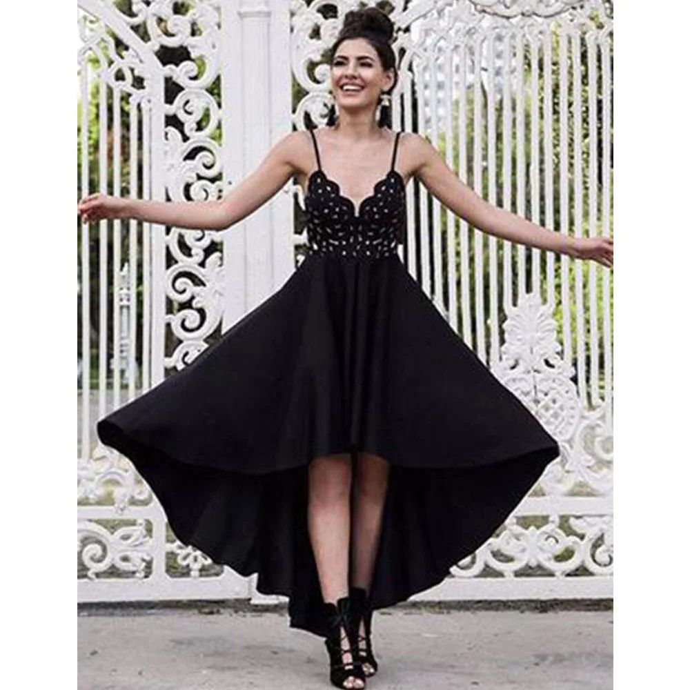 A Line Black Evening Dresses Short 2021 Deep V-Neck High Low Spaghetti Straps Lace Elegant Prom Dress Vintage robes de soire 
A Line Black Evening Dresses Short 2021 Deep V-Neck High Low Spaghetti Straps Lace Elegant Prom Dress Vintage robes de soire