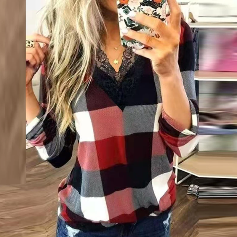 Women Lace V-Neck Plaid Shirt Autumn Casual Vintage Patchwork Long Sleeve Loose Top Fashion Office Lady Check Tee Blouses 2021
Women Lace V-Neck Plaid Shirt Autumn Casual Vintage Patchwork Long Sleeve Loose Top Fashion Office Lady Check Tee Blouses 2021