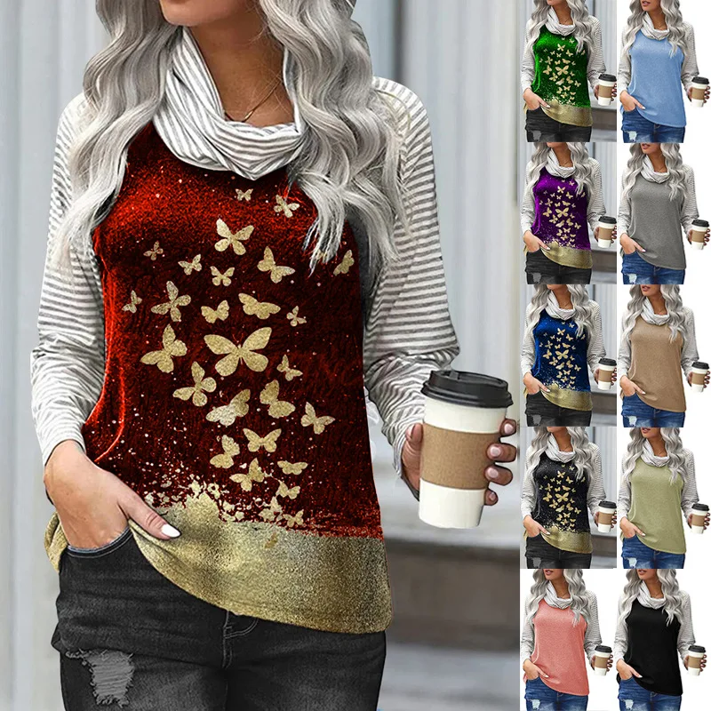 2021 Autumn Turtleneck Long Sleeved Women Tees Patchwork Casual Stripped Butterfly Printed Pullover Top Ladies Fashion T-Shirt 
2021 Autumn Turtleneck Long Sleeved Women Tees Patchwork Casual Stripped Butterfly Printed Pullover Top Ladies Fashion T-Shirt