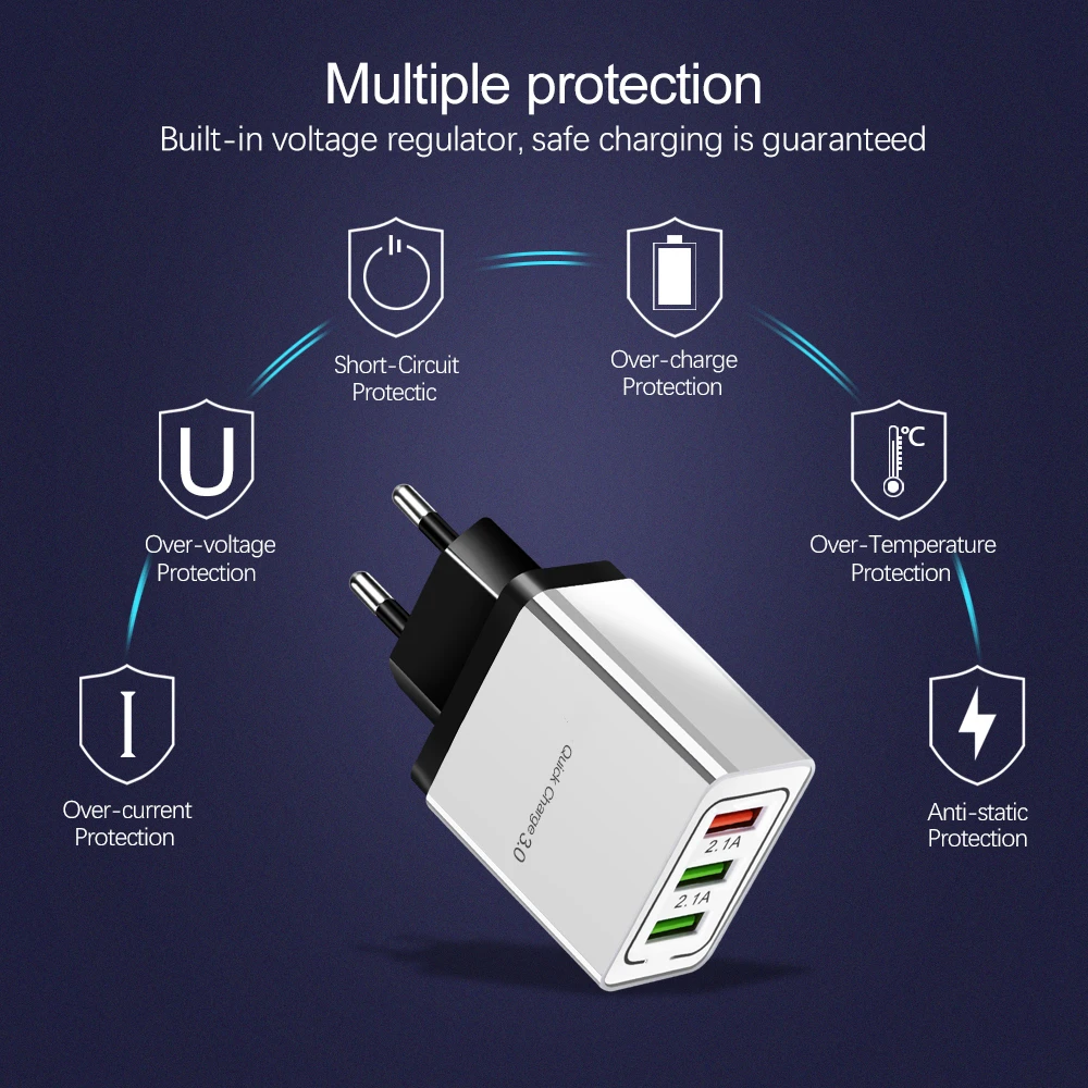 Quick Charge 3.0 USB Charger for Samsung S9 S10 Xiaomi Huawei 5V 3A Fast Charging 3 Ports Phone For iphone 11 XR XS | Мобильные