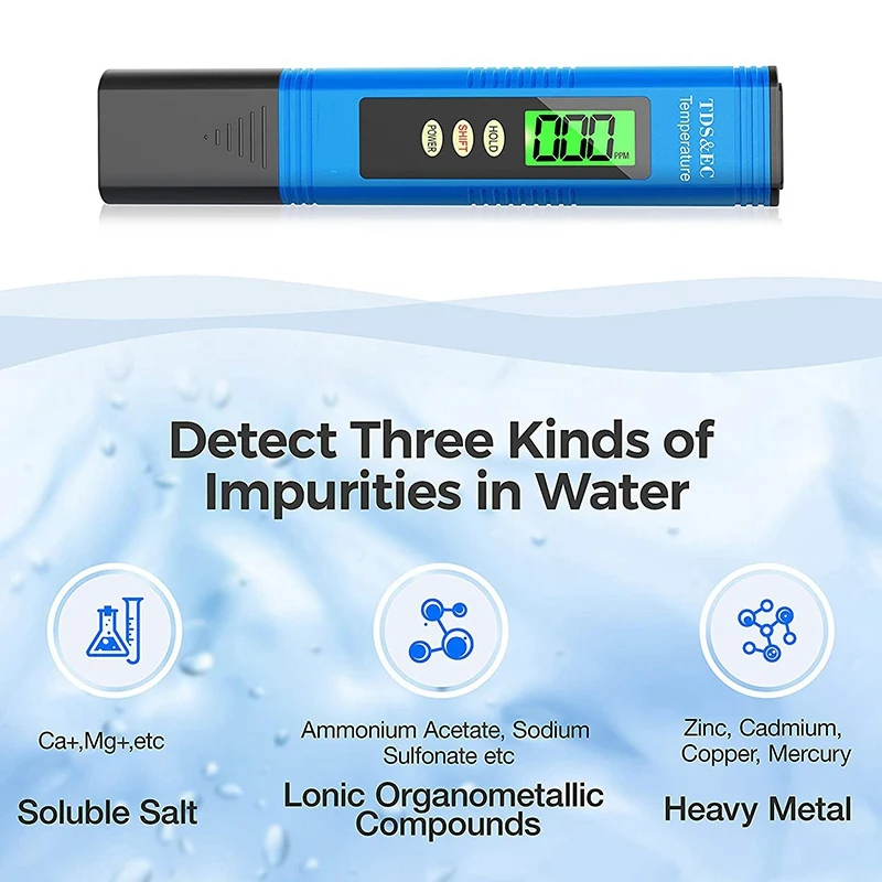 Water Quality Tester with Backlit LCD Sn PH Meter 3 in 1 TDS+EC+Temp Meter for Drinking Water,Aquarium,Pool,Spa
Water Quality Tester with Backlit LCD Sn PH Meter 3 in 1 TDS+EC+Temp Meter for Drinking Water,Aquarium,Pool,Spa