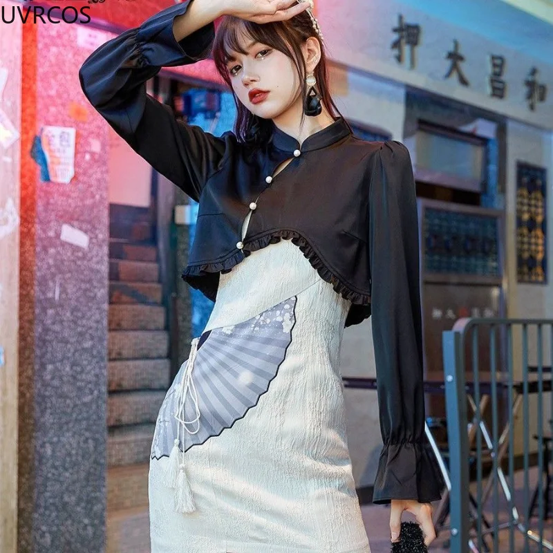 Two Piece Unique Cheongsams Girl Chinese Style Tradition Costume Chic Pearl Buckle Black Top Slip Dress Autumn Vintage Elegant
Two Piece Unique Cheongsams Girl Chinese Style Tradition Costume Chic Pearl Buckle Black Top Slip Dress Autumn Vintage Elegant