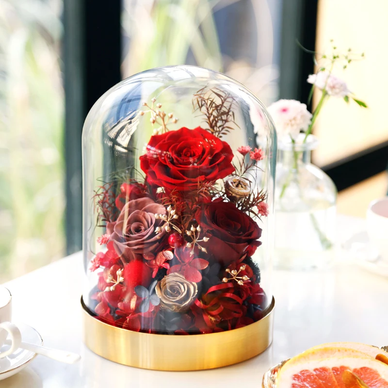 

Eternal Flower Rose Art Finished Glass Gift Box Golden Base Christmas Girlfriend Valentine's Day Home Decoration Souvenirs