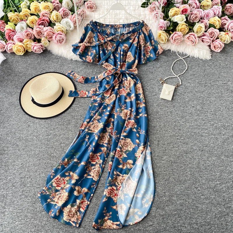 Boho 2021 Vintage floral print sexy off shoulder Summer Full Length split Jumpsuit Women bandage Playsuit beach holiday Romper
Boho 2021 Vintage floral print sexy off shoulder Summer Full Length split Jumpsuit Women bandage Playsuit beach holiday Romper