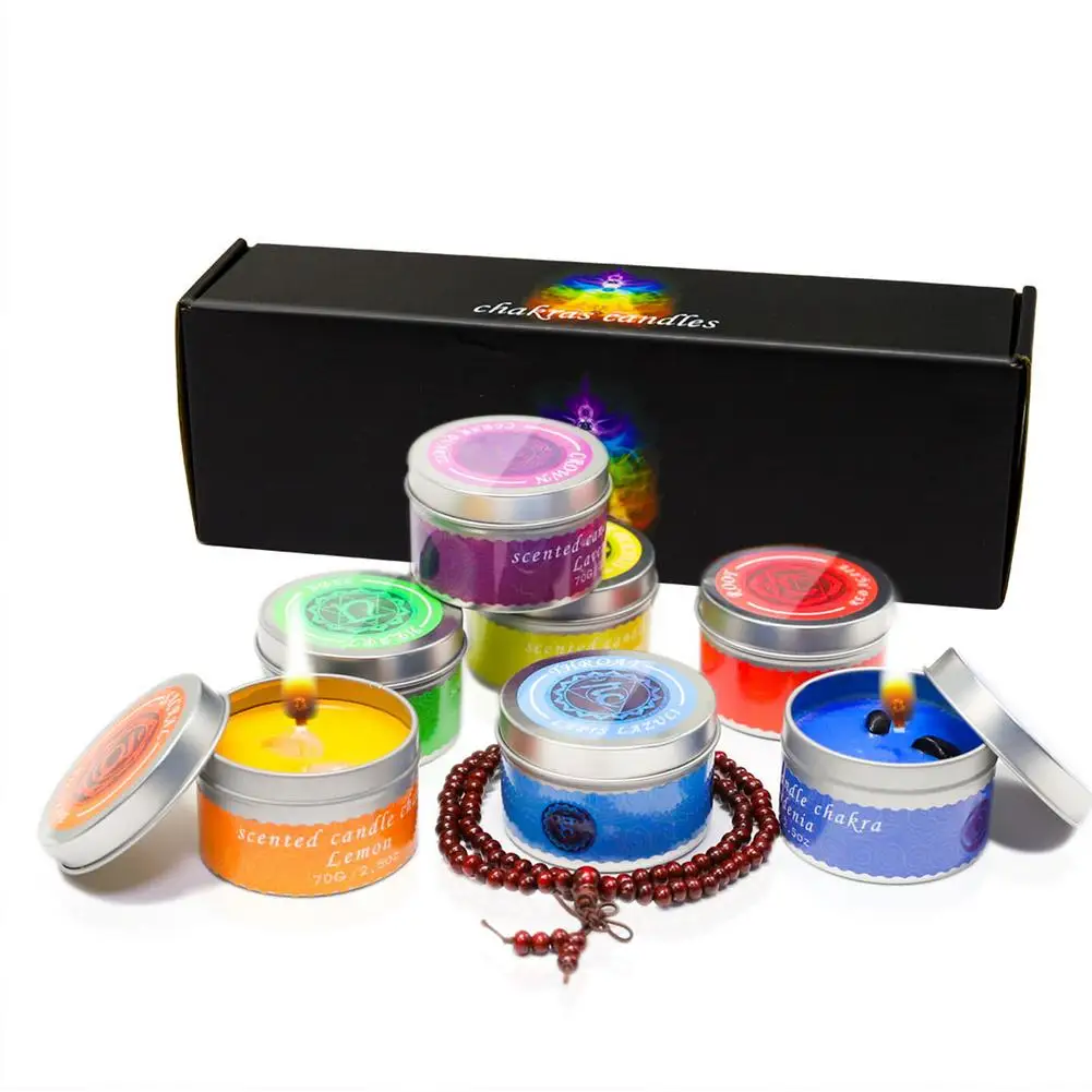 

6pcs/box Colorful Chakra Candles Smokeless Natural Soy Wax Tin Cans Scented Candle For Meditation Decoration Great Gifts