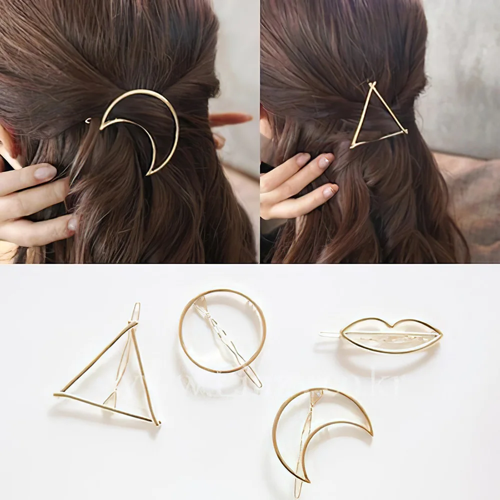 Women Geometry Triangle Hairpin Gold Silver Moon Lip Shaped Round Hair Clip Ponytail Holder Hair Accessories for Girls
Women Geometry Triangle Hairpin Gold Silver Moon Lip Shaped Round Hair Clip Ponytail Holder Hair Accessories for Girls