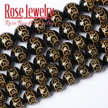 Gold Color Money Coin Veins Natural Black Agates Stone Round Loose Beads 6/8/10/12 mm For Necklace Bracelet Jewelry Making