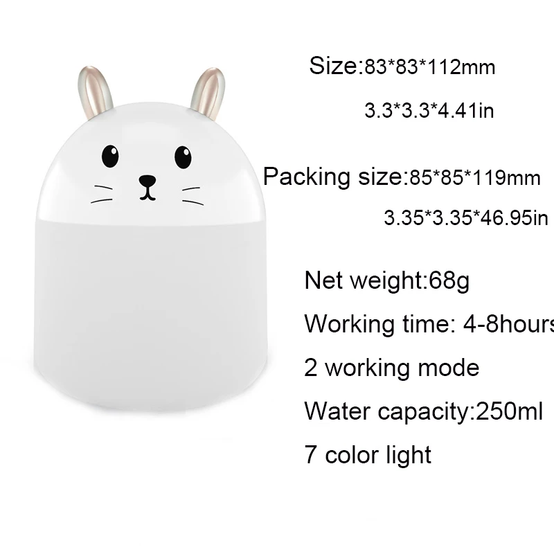 250ml Air Humidifier Cute Carton 7Color Rabbit Night Lights USB Ultrasonic Aroma Essential Oil Humidifier Diffuser For Home
250ml Air Humidifier Cute Carton 7Color Rabbit Night Lights USB Ultrasonic Aroma Essential Oil Humidifier Diffuser For Home