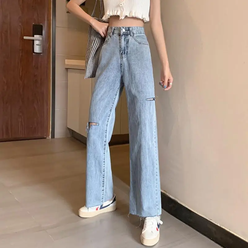 Wind hole, high waist, drooping feeling, wide leg jeans, women's loose and slim spring and summer new straight ins pants
Wind hole, high waist, drooping feeling, wide leg jeans, women's loose and slim spring and summer new straight ins pants