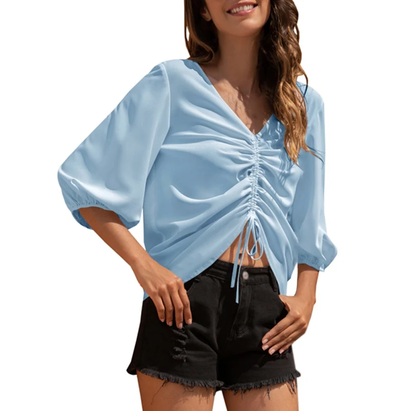 Jlong Short Sleeve Blouses Draw Rope Chiffon Shirt Tops Women Summer V-neck Casual Blouses
Jlong Short Sleeve Blouses Draw Rope Chiffon Shirt Tops Women Summer V-neck Casual Blouses