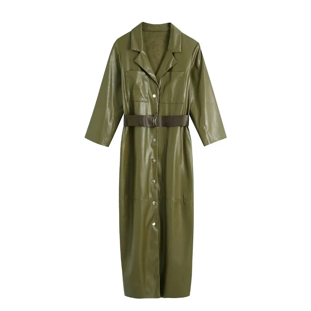 JUNWU Autumn Women's Green Shiny Pu Leather Lapel Single-Breasted Belt Three-Quarter Sleeves Long Leather Skirt British Style
JUNWU Autumn Women's Green Shiny Pu Leather Lapel Single-Breasted Belt Three-Quarter Sleeves Long Leather Skirt British Style