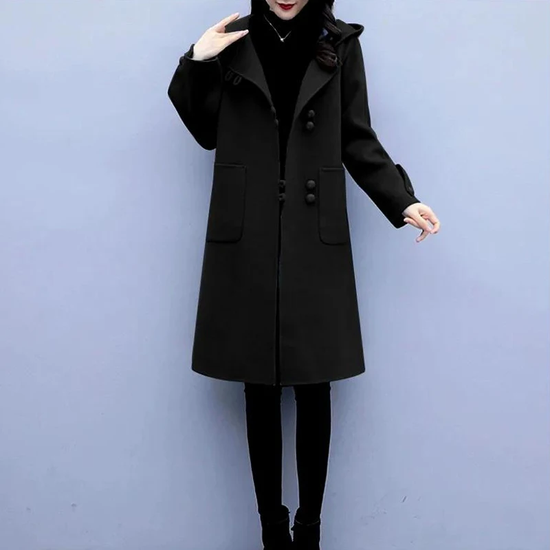 Female Winter Warm Long Black Coat Hooded Ladies Elegant Office Wear Womens Wool Trench Coats Korean Fashion Outerwear Clothing
Female Winter Warm Long Black Coat Hooded Ladies Elegant Office Wear Womens Wool Trench Coats Korean Fashion Outerwear Clothing