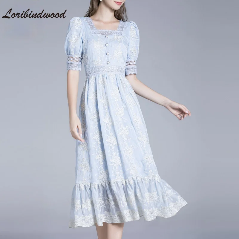 2021 Blue Elegant Summer Dress For Women Square Collar Short Sleeve Lace Hollow Out Patchwork Embroidery Flowers Dresses
2021 Blue Elegant Summer Dress For Women Square Collar Short Sleeve Lace Hollow Out Patchwork Embroidery Flowers Dresses