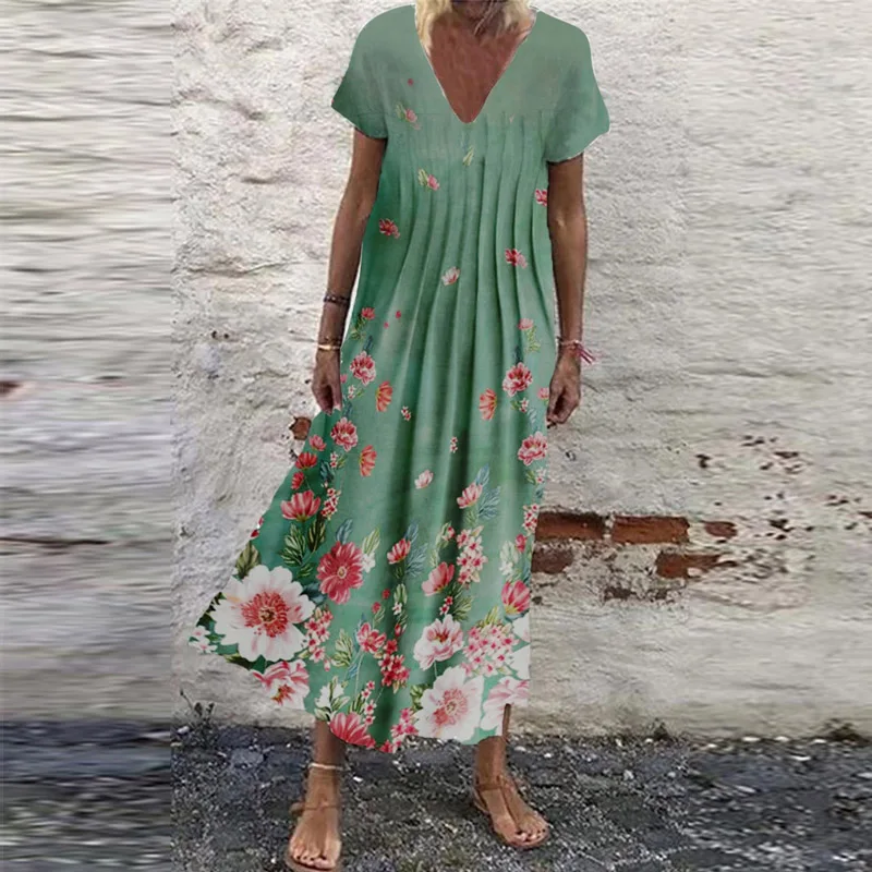 Casual Autumn Flower Printed Long Dress Women Vintage V Neck Pleated Party Dress 2021 Summer Short Sleeve Loose Beach Dresses
Casual Autumn Flower Printed Long Dress Women Vintage V Neck Pleated Party Dress 2021 Summer Short Sleeve Loose Beach Dresses