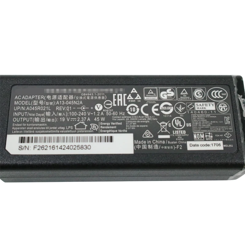 Новинка Φ B 19V 2.37A адаптер переменного тока для acer Aspire ES14 R3 N15W5 ES1 512 C4SQ |