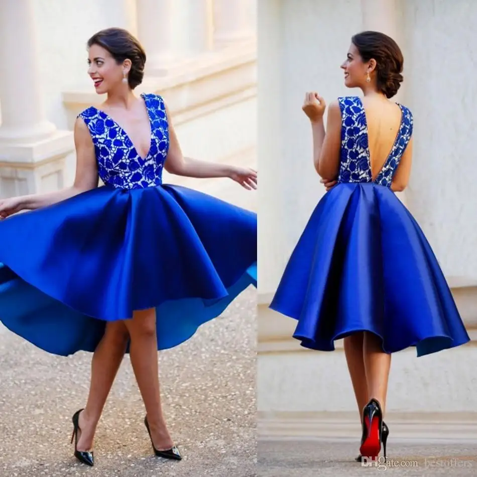 New Royal Blue Plunging V neck Backless Short Prom Dresses Lace Satin Sexy Cocktail Homecoming Dresses Hi Lo Arabic Party Gowns
New Royal Blue Plunging V neck Backless Short Prom Dresses Lace Satin Sexy Cocktail Homecoming Dresses Hi Lo Arabic Party Gowns