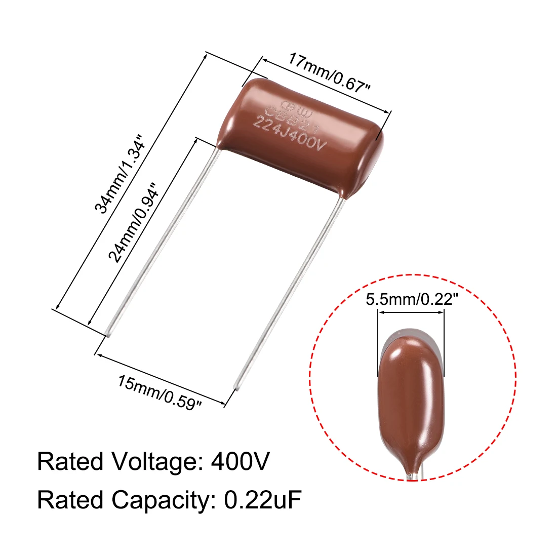 uxcell CBB21 Metallized Polypropylene Film Capacitors for Electric Circuit Energy Saving Lamp 400V 0.22uF 20pcs 
uxcell CBB21 Metallized Polypropylene Film Capacitors for Electric Circuit Energy Saving Lamp 400V 0.22uF 20pcs