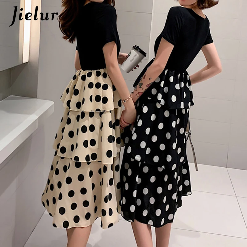 

Jielur Polka Dot Stitching Fake Two-piece Dress Female Black Apricot Mid-length Tiered Skirts for Women T-shirt Skirt S-XL