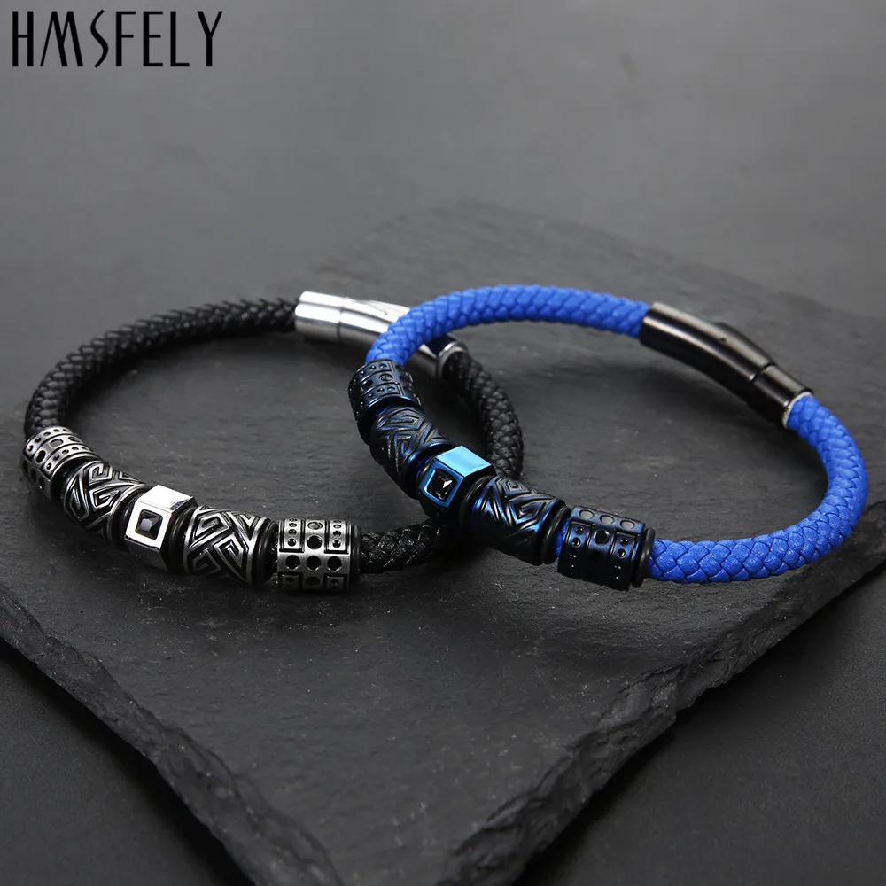 HMSFELY Men Fashion Leather Bracelet Titanium Stainless Steel Beads Charm Bracelets Bangles Jewelry For Clasp | Украшения и