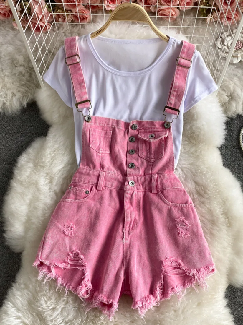 Summer new pink Jumpsuit cute kawaii college denim shorts student slim strap pants +T-shirt two piece jumpsuit in women
Summer new pink Jumpsuit cute kawaii college denim shorts student slim strap pants +T-shirt two piece jumpsuit in women