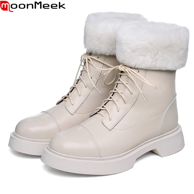 

MoonMeek 2021 Genuine Leather Boots Med Heels Round Toe Keep Warm Ankle Boots Fashion Lace Up Winter Women Boots Rice White