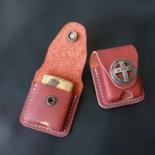 Hand-stitched Cowhide Brown Hollow Badge Snap Button Universal Lighter Cover for Zippo Lighter Cover